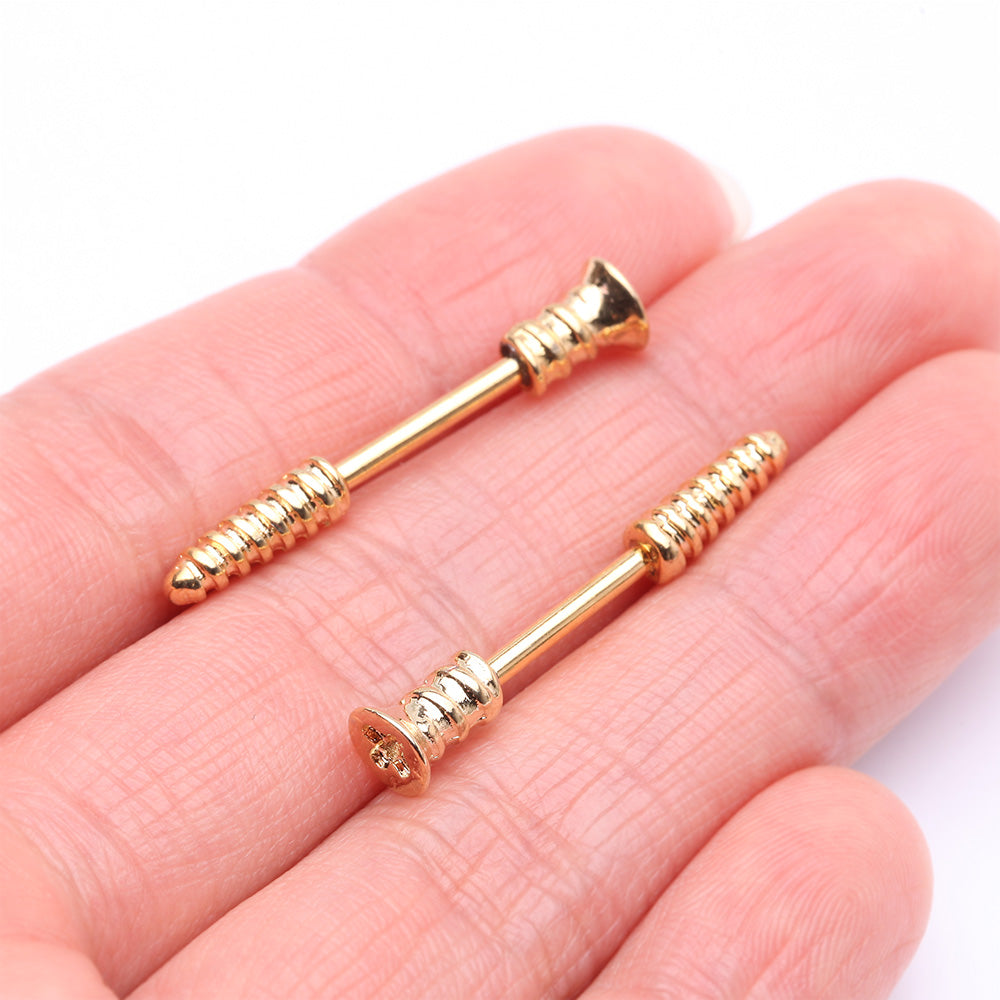 Detail View 2 of A Pair of Golden Nail Screw Bolt Steel Nipple Barbell