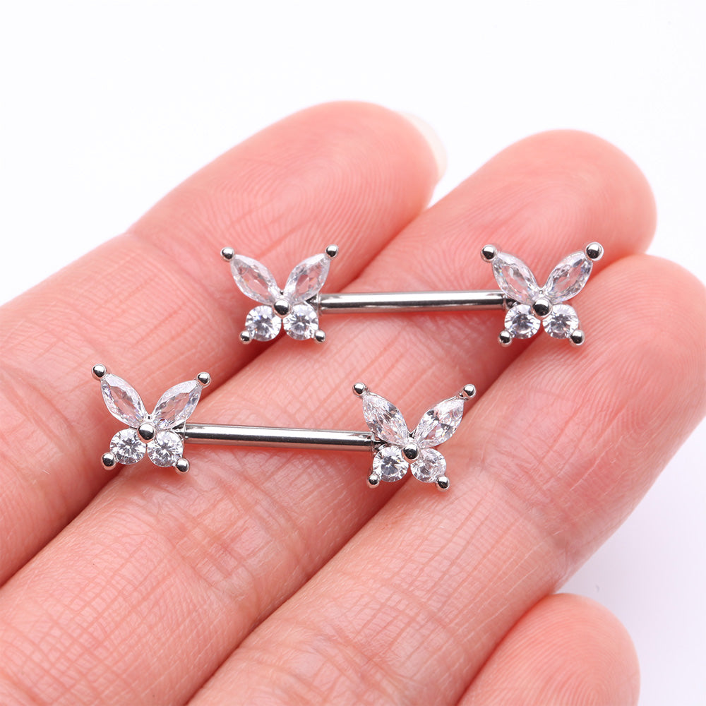 Detail View 2 of A Pair of Brilliant Sparkle Marquise Butterfly Nipple Barbell-Clear Gem