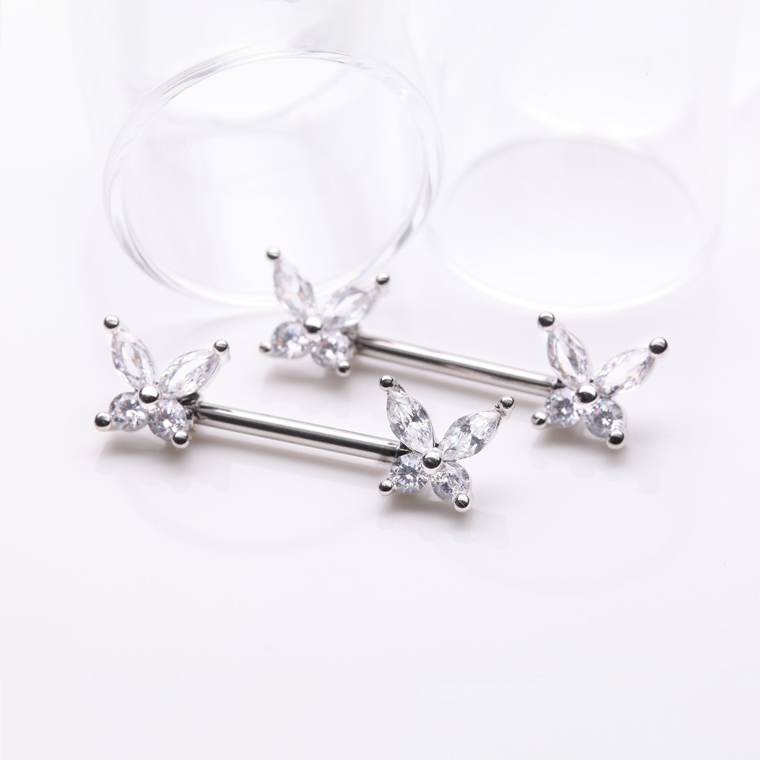 Detail View 1 of A Pair of Brilliant Sparkle Marquise Butterfly Nipple Barbell-Clear Gem