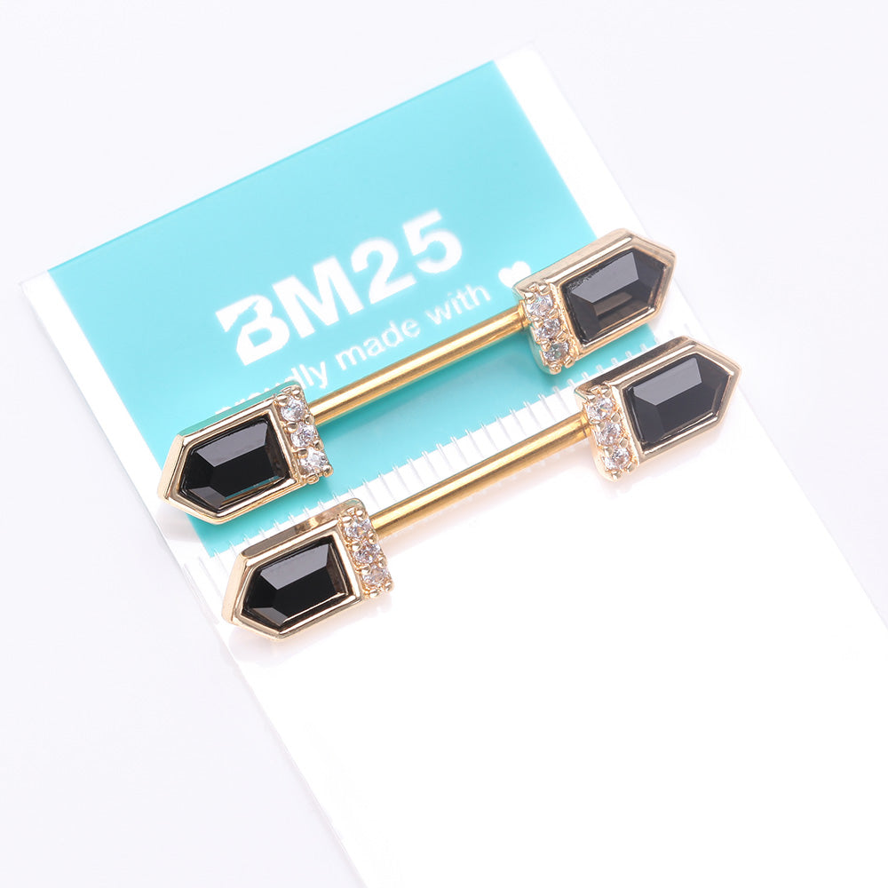 Detail View 3 of A Pair of Golden Majestic Sparkle Point Nipple Barbell-Black