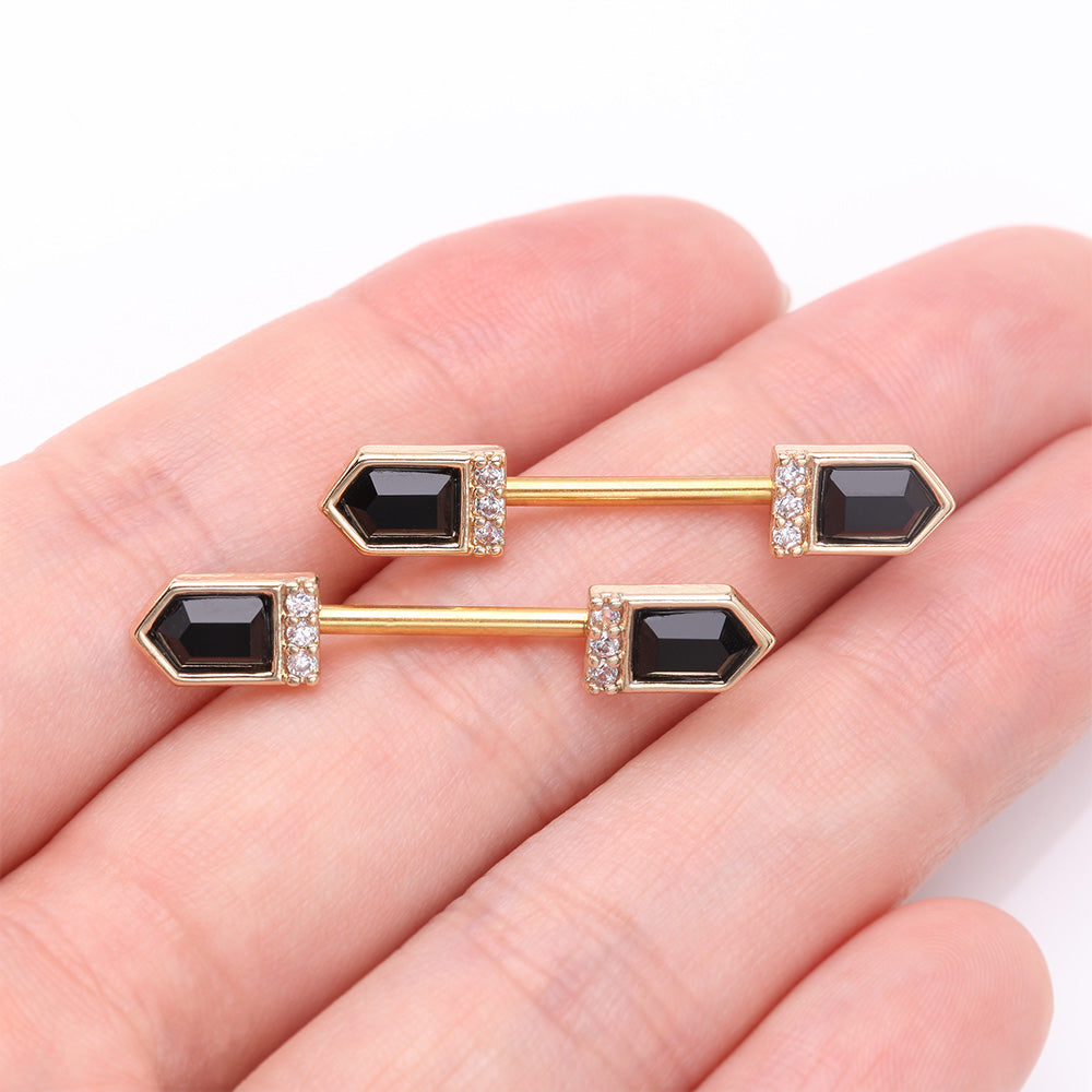 Detail View 2 of A Pair of Golden Majestic Sparkle Point Nipple Barbell-Black