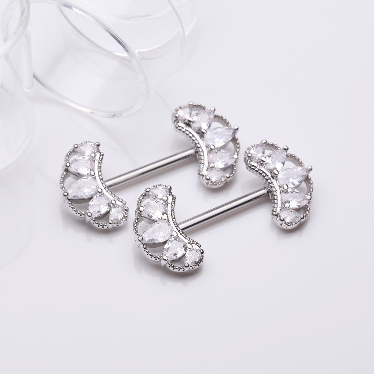 Detail View 1 of A Pair of Bohemian Arc Elegance Sparkle Nipple Barbell-Clear Gem