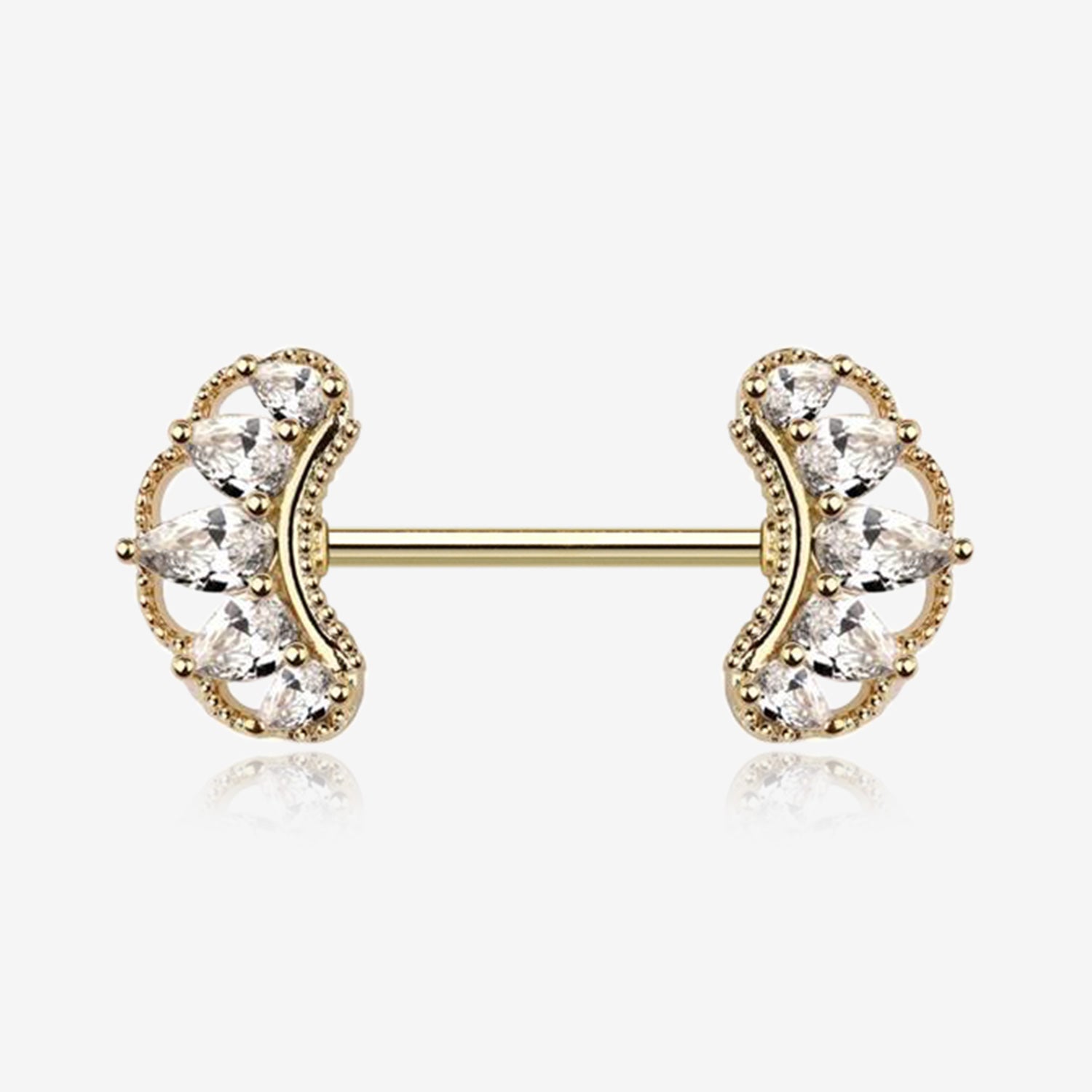 A Pair of Golden Bohemian Arc Elegance Sparkle Nipple Barbell-Clear Gem