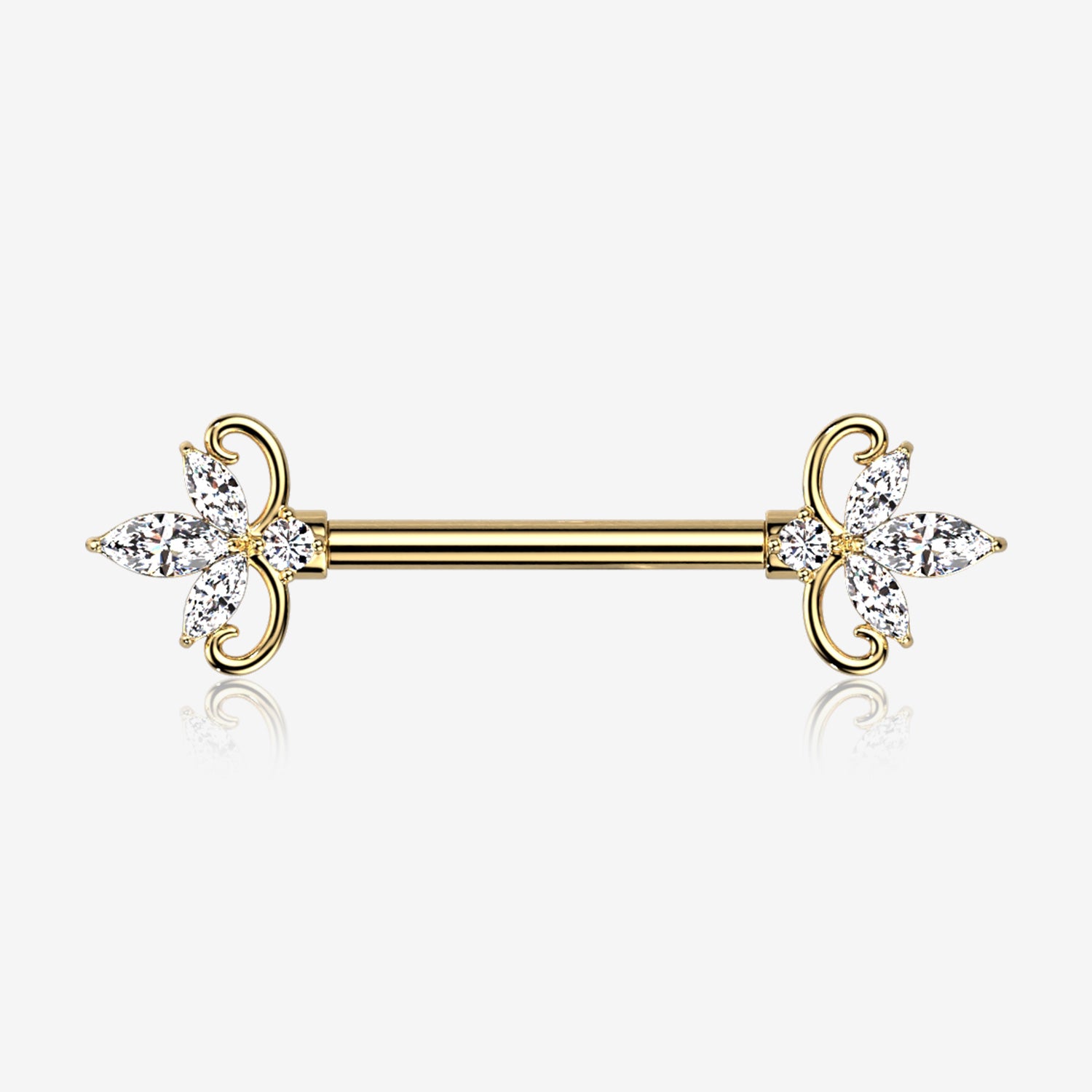 A Pair of Golden Royal Floral Spear Sparkle Elegance Nipple Barbell-Clear Gem