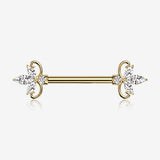 A Pair of Golden Royal Floral Spear Sparkle Elegance Nipple Barbell