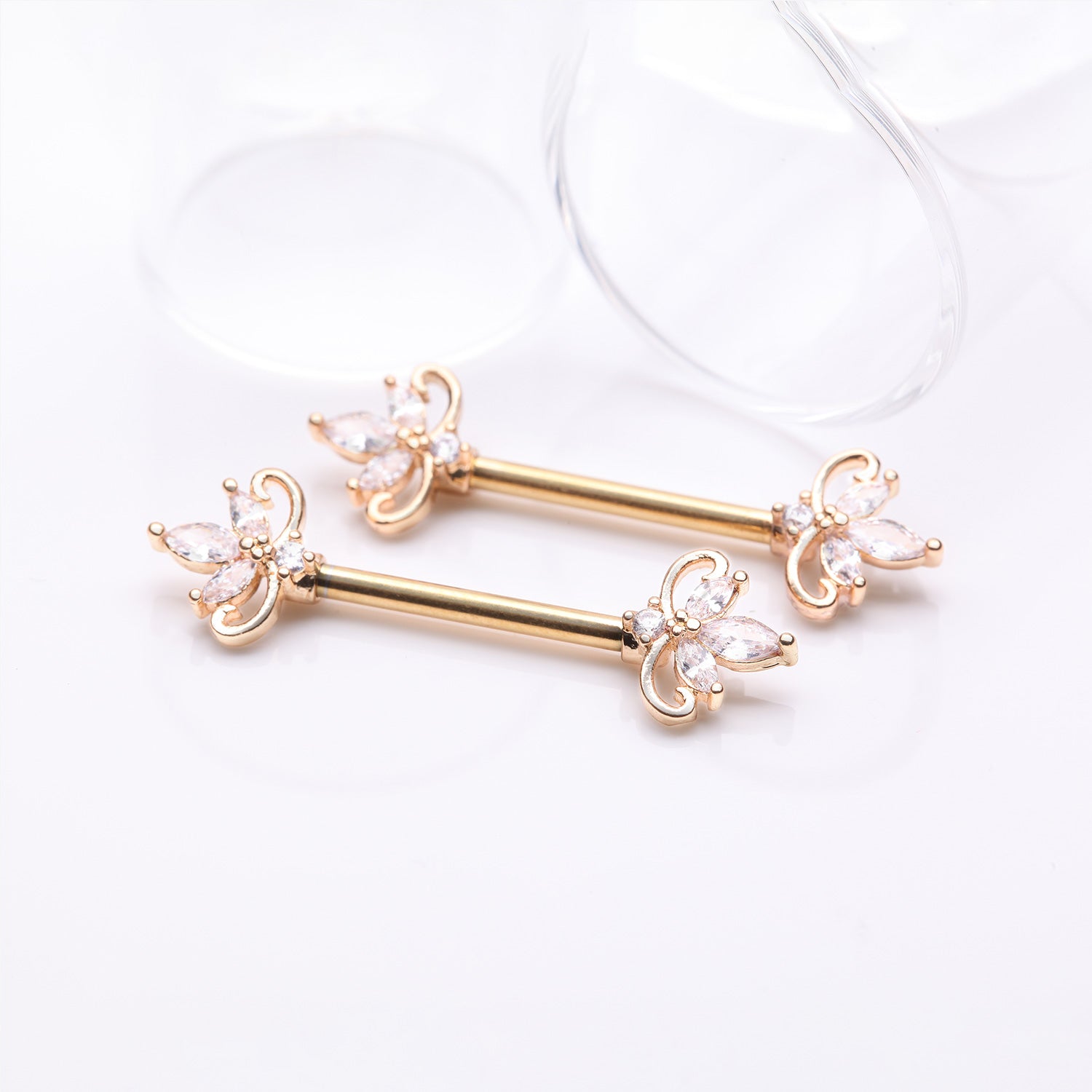 Detail View 1 of A Pair of Golden Royal Floral Spear Sparkle Elegance Nipple Barbell-Clear Gem