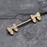 Detail View 1 of A Pair of Golden Dainty Bow-Tie Sparkle Nipple Barbell Ring-Clear Gem