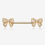 A Pair of Golden Dainty Bow-Tie Sparkle Nipple Barbell Ring-Clear Gem