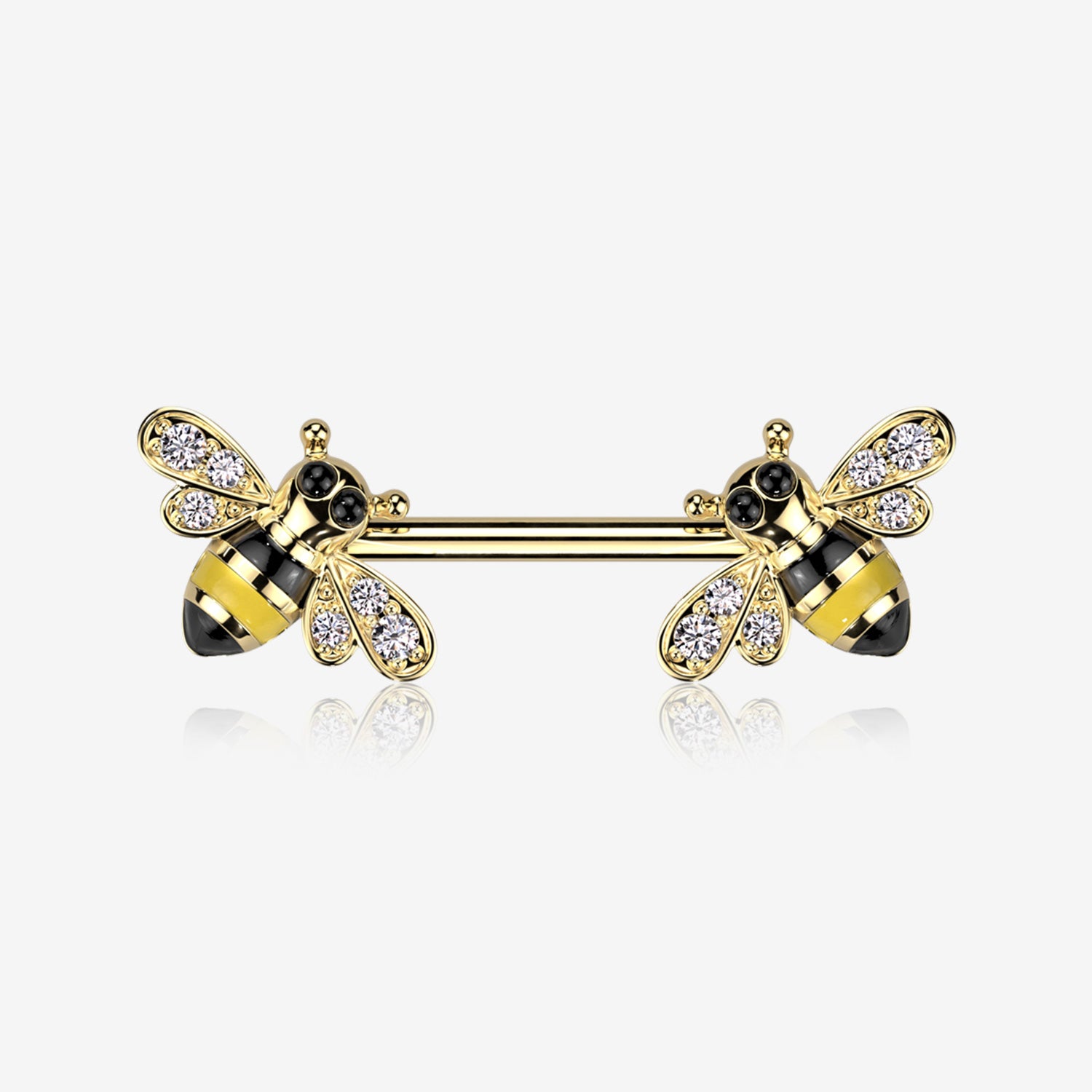 A Pair of Golden Adorable Bumble Bee Sparkle Nipple Barbell-Clear Gem