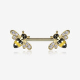 A Pair of Golden Adorable Bumble Bee Sparkle Nipple Barbell