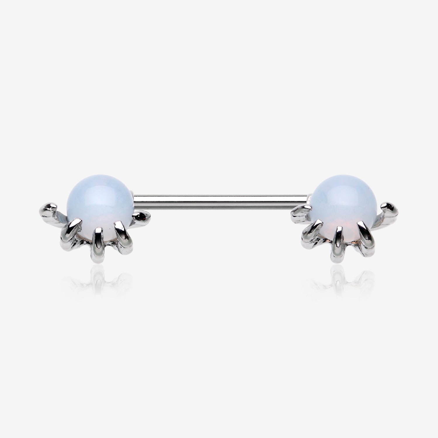 A Pair of Moonstone Orb Shine Skeleton Hand Nipple Barbell