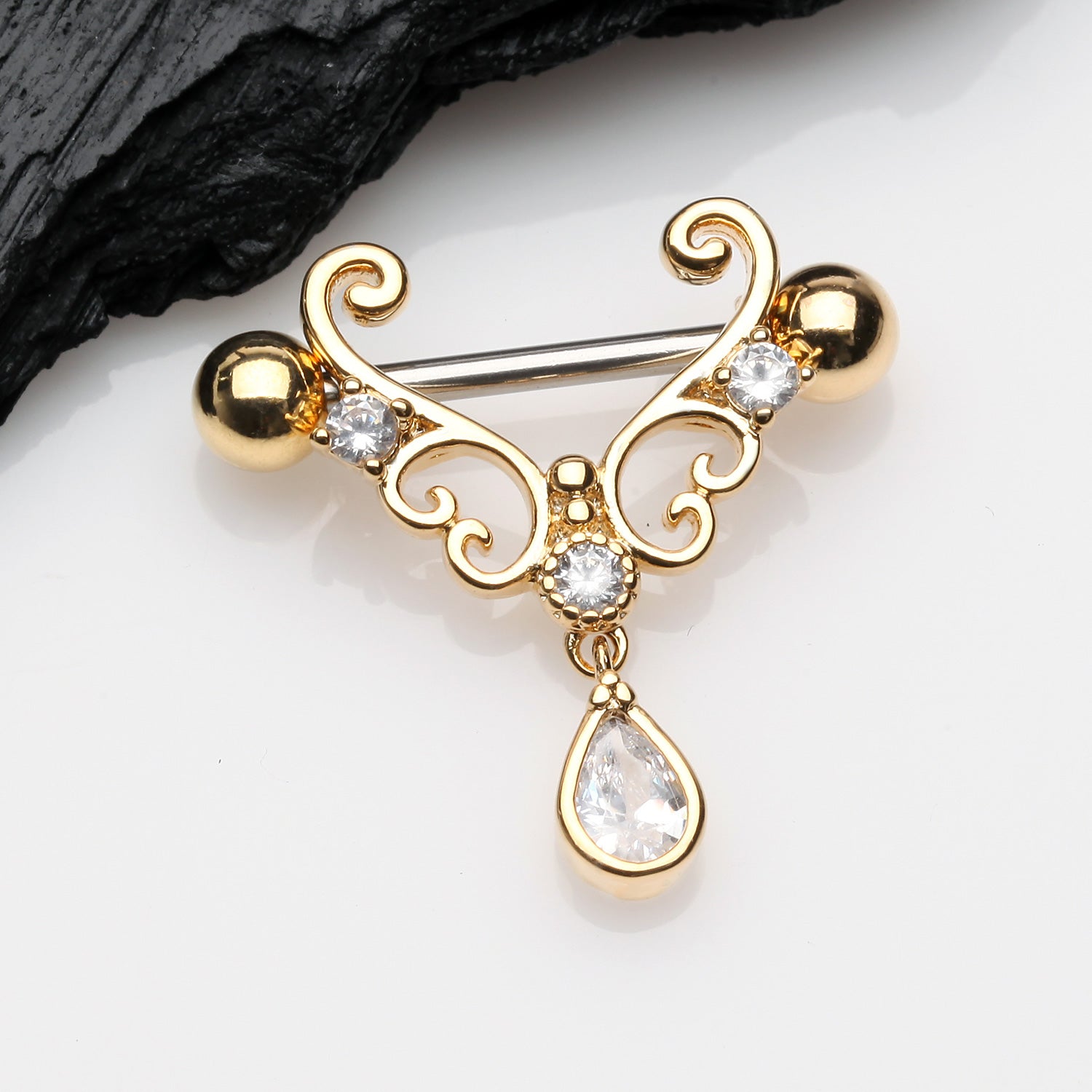 Detail View 1 of A Pair of Golden Royal Heart Filigree Sparkle Dangle Nipple Shield-Clear Gem