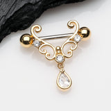 Detail View 1 of A Pair of Golden Royal Heart Filigree Sparkle Dangle Nipple Shield-Clear Gem