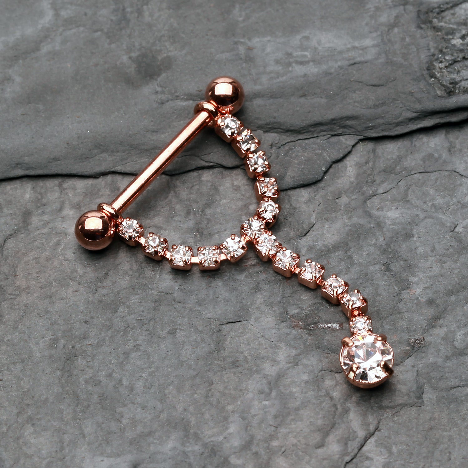Detail View 1 of A Pair of Rose Gold Chandelier Gems Nipple Barbell Ring-Clear Gem