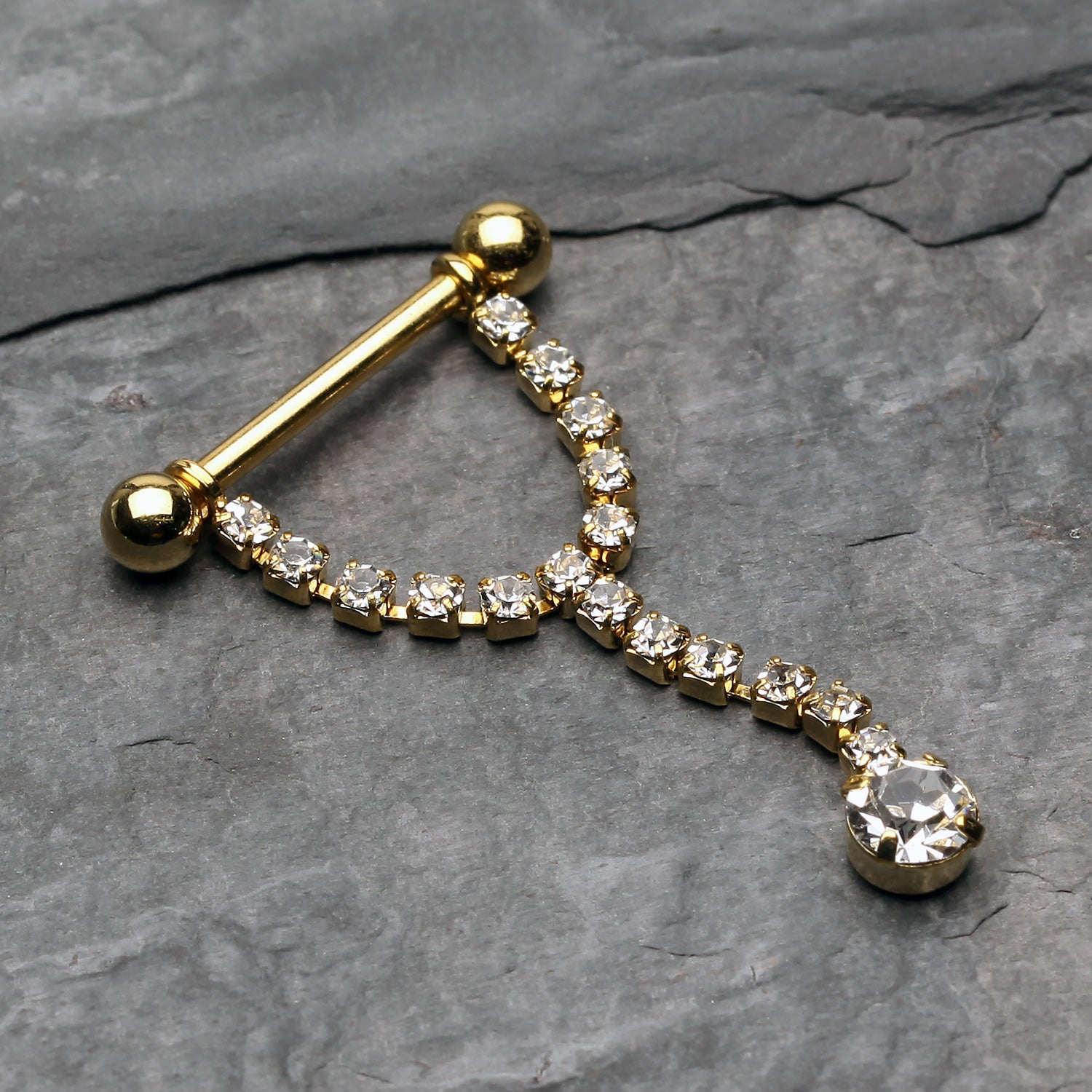 Detail View 1 of A Pair of Golden Chandelier Gems Nipple Barbell Ring-Clear Gem