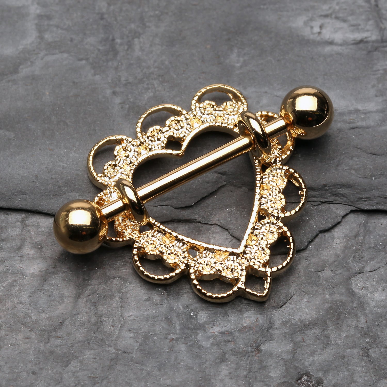 Detail View 1 of Golden Heart Filigree Nipple Shield Ring-Gold