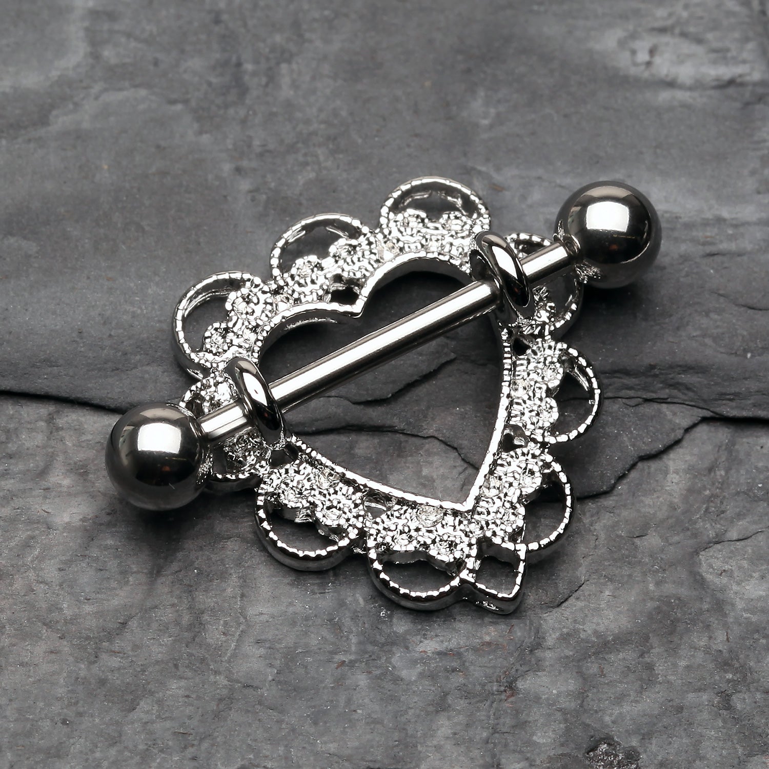 Detail View 1 of Heart Filigree Nipple Shield Ring-Steel