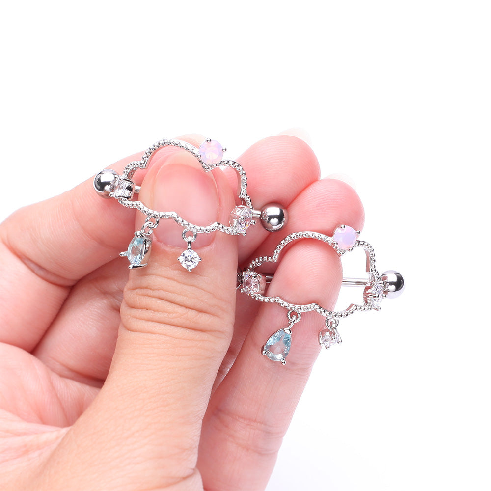 Detail View 2 of A Pair of Adorable Cloud Rainy Sparkles Dangle Nipple Shield-Clear Gem/Rose Water Opal/Aqua