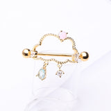 Detail View 1 of A Pair of Golden Adorable Cloud Rainy Sparkles Dangle Nipple Shield-Clear Gem/Rose Water Opal/Aqua