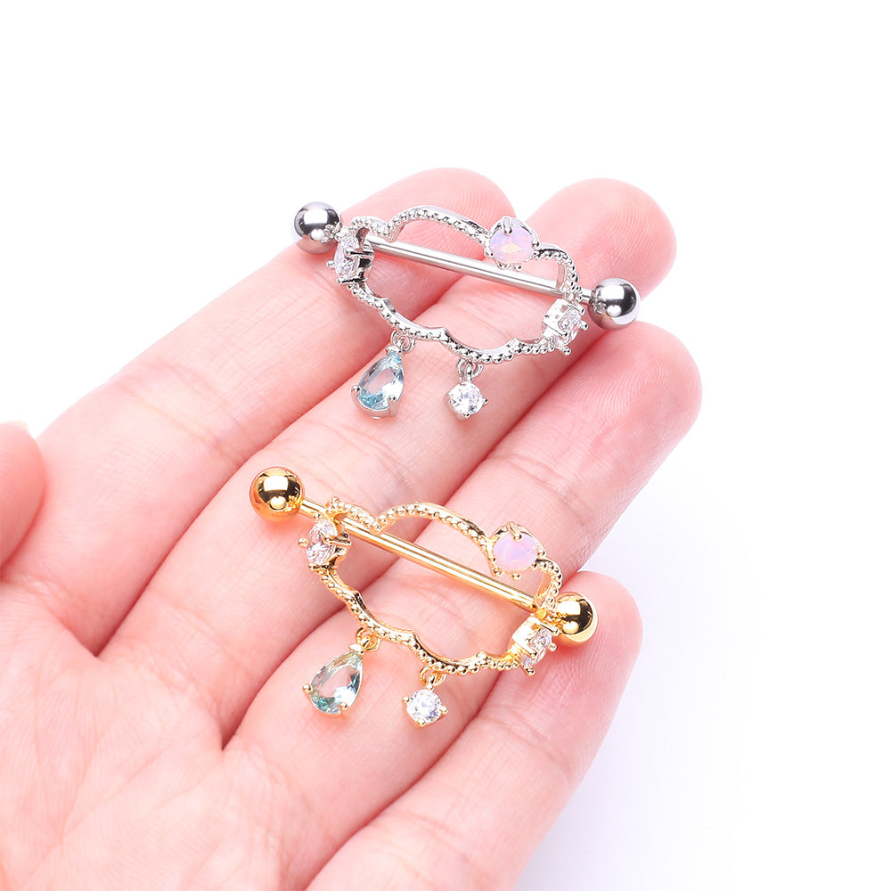 Detail View 3 of A Pair of Golden Adorable Cloud Rainy Sparkles Dangle Nipple Shield-Clear Gem/Rose Water Opal/Aqua