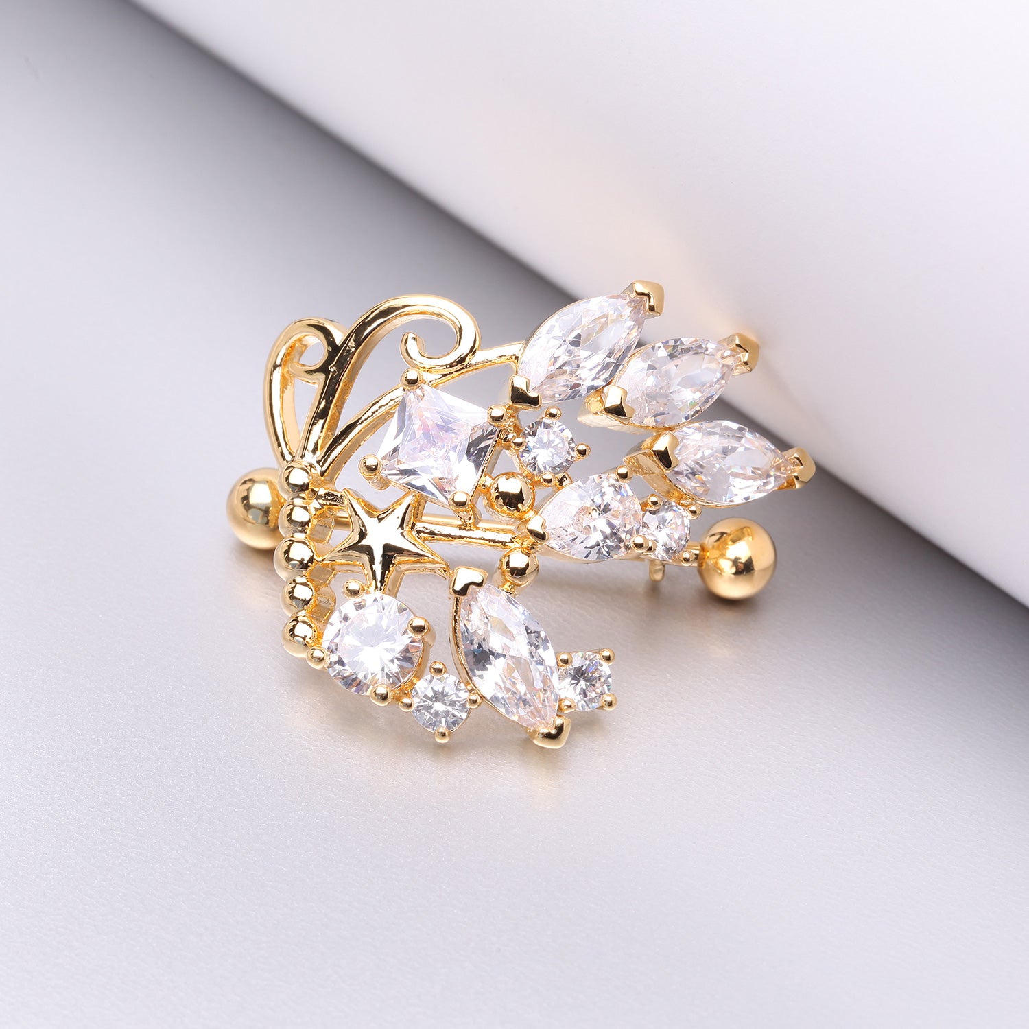 Detail View 1 of A Pair of Golden Butterfly Extravagant Sparkle Dangle Nipple Shield-Clear Gem