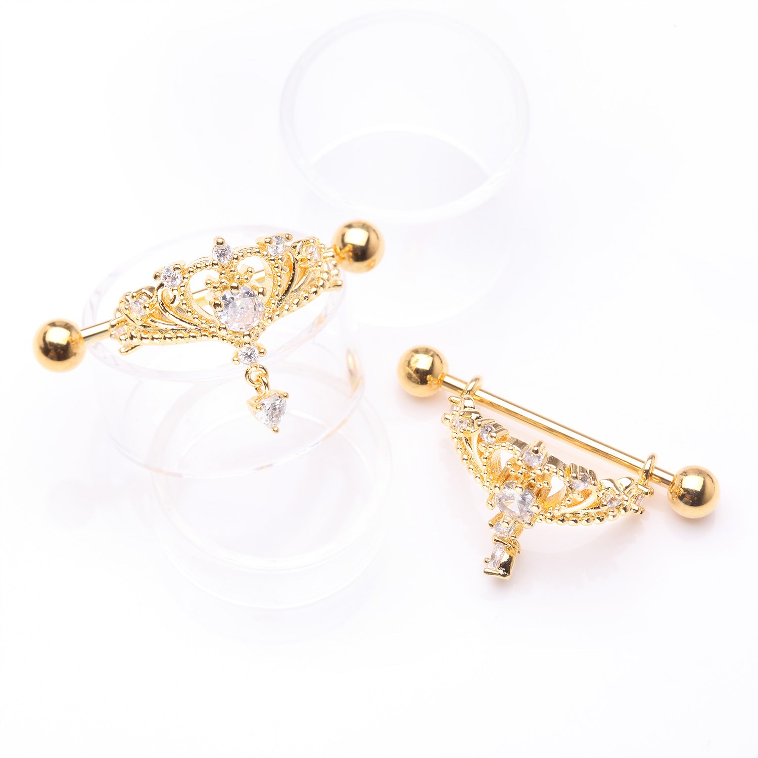 Detail View 1 of A Pair of Golden Enchanted Princess Tiara Sparkle Dangle Nipple Shield Ring-Clear Gem