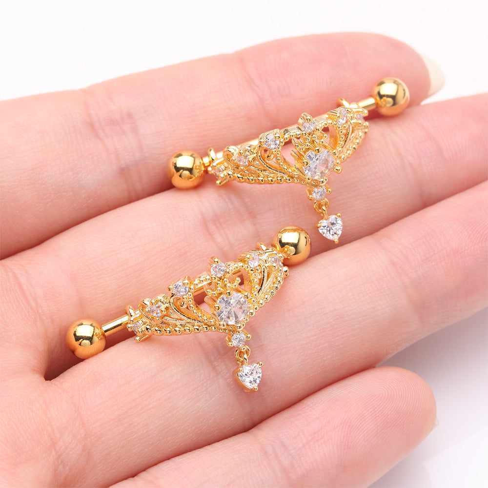 Detail View 2 of A Pair of Golden Enchanted Princess Tiara Sparkle Dangle Nipple Shield Ring-Clear Gem