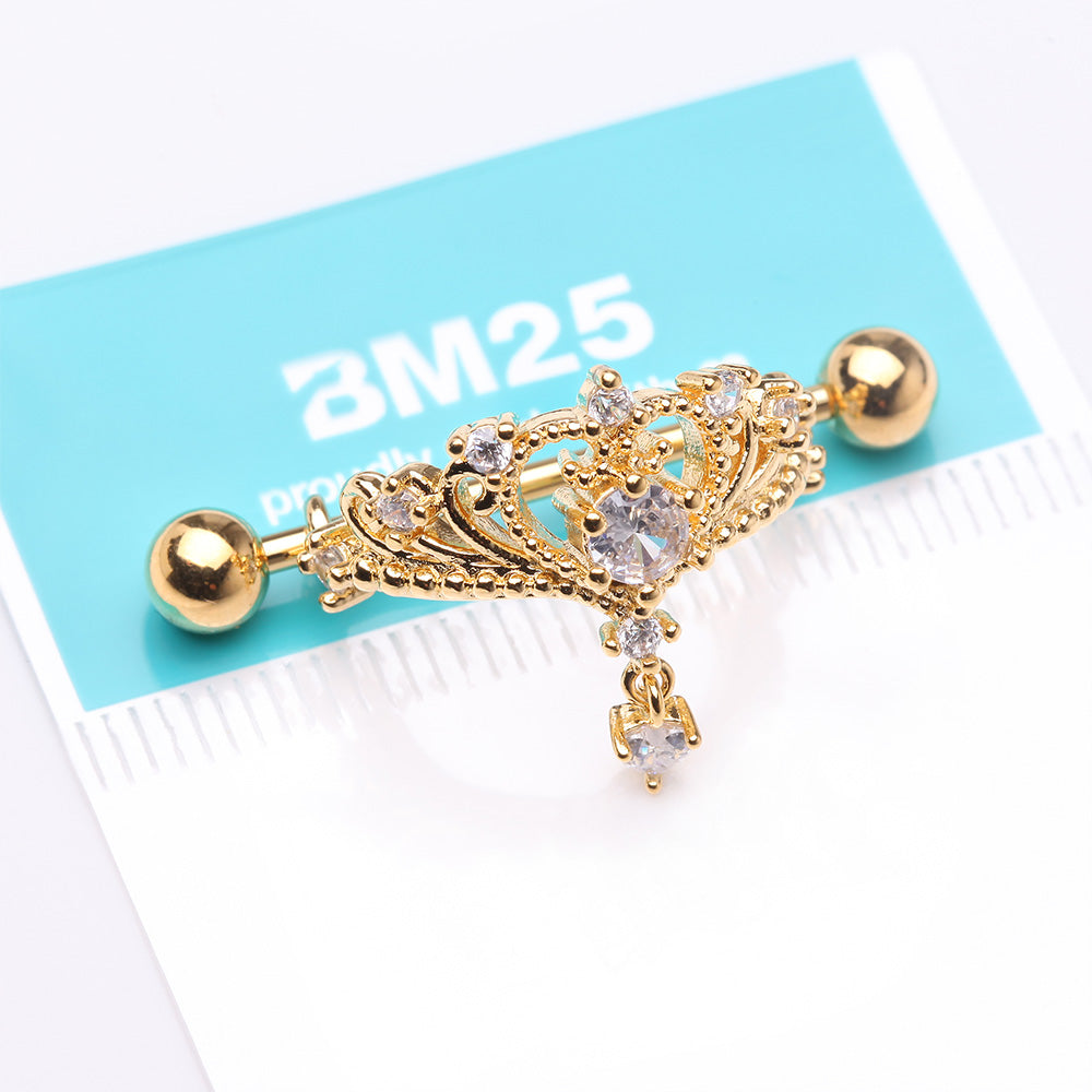 Detail View 3 of A Pair of Golden Enchanted Princess Tiara Sparkle Dangle Nipple Shield Ring-Clear Gem