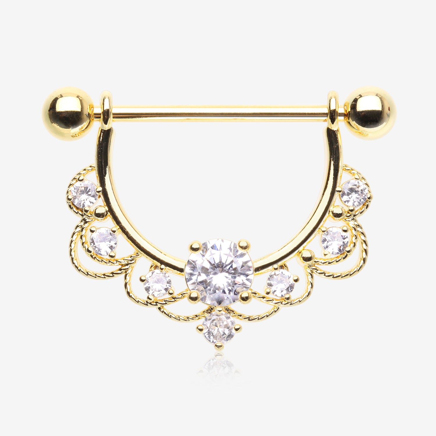 A Pair of Golden Turan Laced Multi-Gem Sparkle Dangle Nipple Barbell Ring-Clear Gem