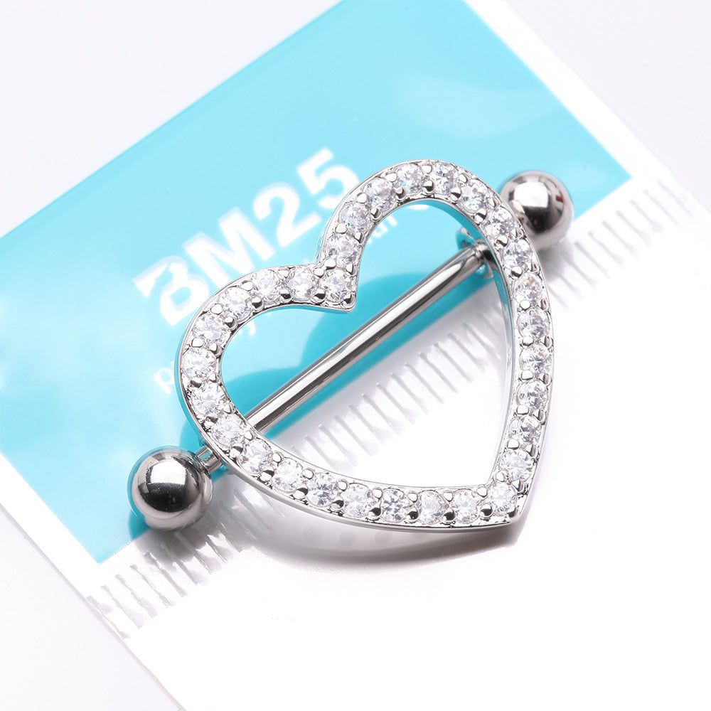 Detail View 3 of A Pair of Adorable Multi-Gem Heart Sparkle Shield Nipple Barbell Ring-Clear Gem