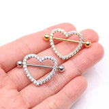 Detail View 2 of A Pair of Golden Adorable Multi-Gem Heart Sparkle Shield Nipple Barbell Ring-Clear Gem