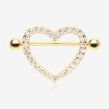 A Pair of Golden Adorable Multi-Gem Heart Sparkle Shield Nipple Barbell Ring-Clear Gem