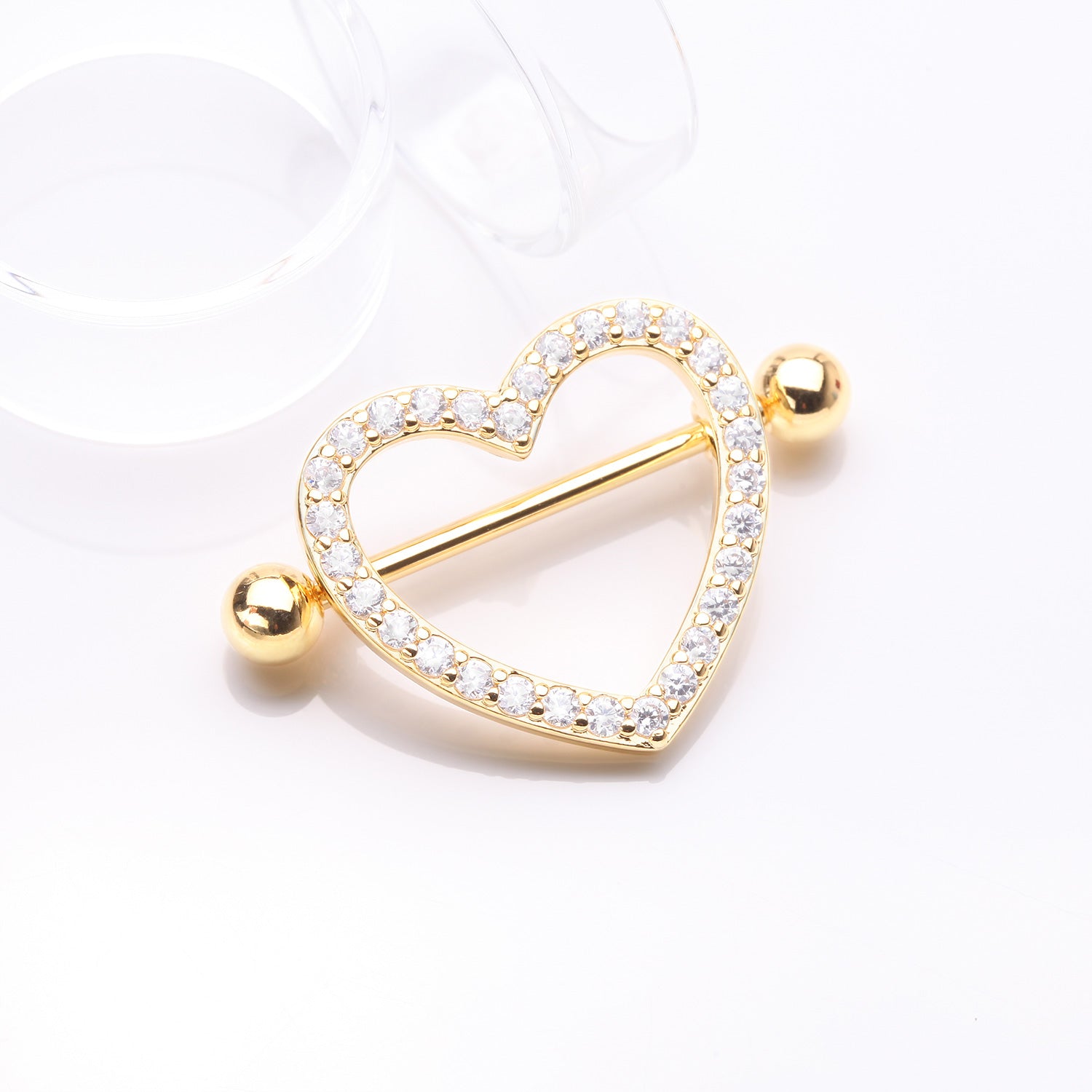 Detail View 1 of A Pair of Golden Adorable Multi-Gem Heart Sparkle Shield Nipple Barbell Ring-Clear Gem