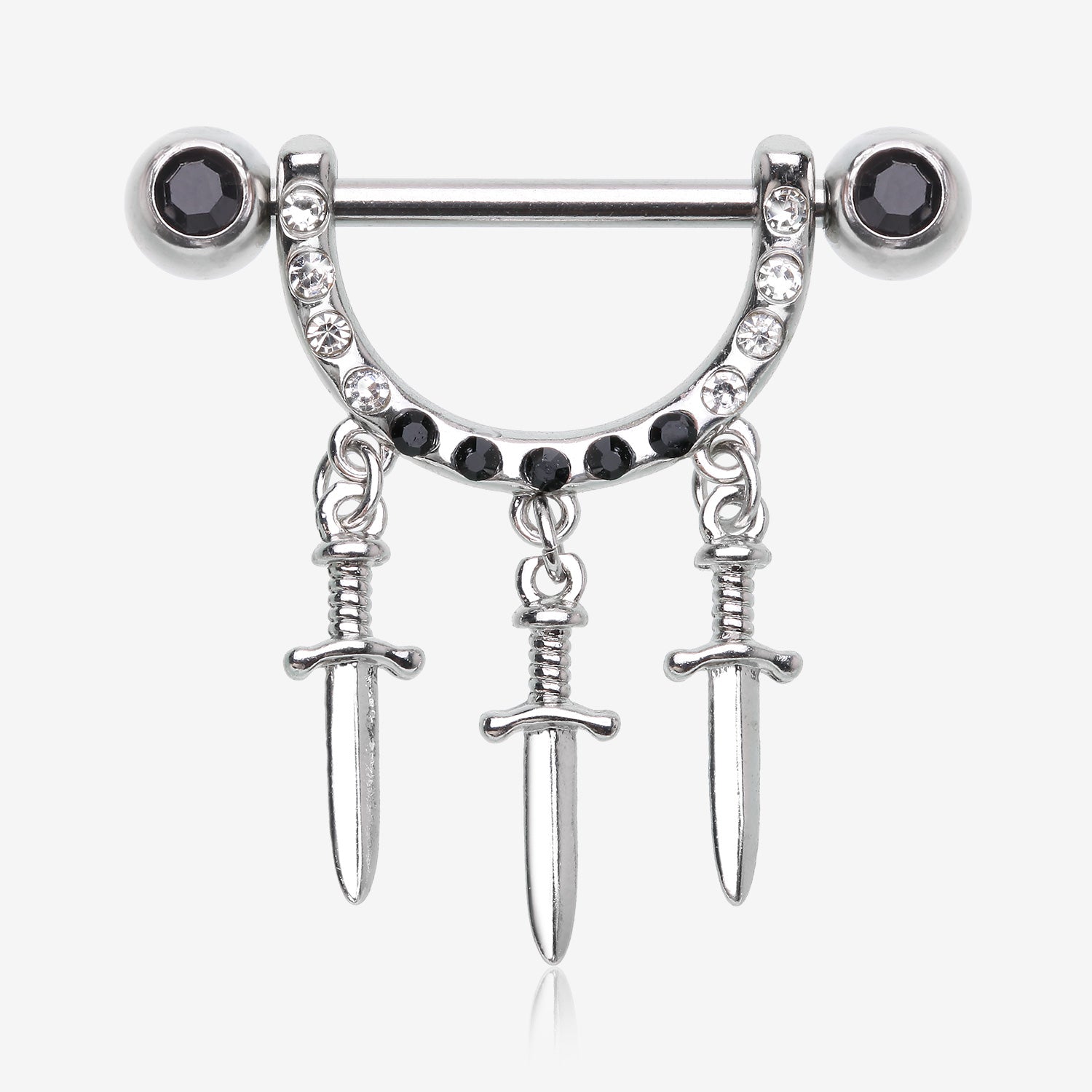 A Pair of Triple Dagger Sword Sparkle Stirrup Dangle Nipple Barbell Ring-Black