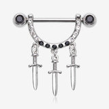 A Pair of Triple Dagger Sword Sparkle Stirrup Dangle Nipple Barbell Ring