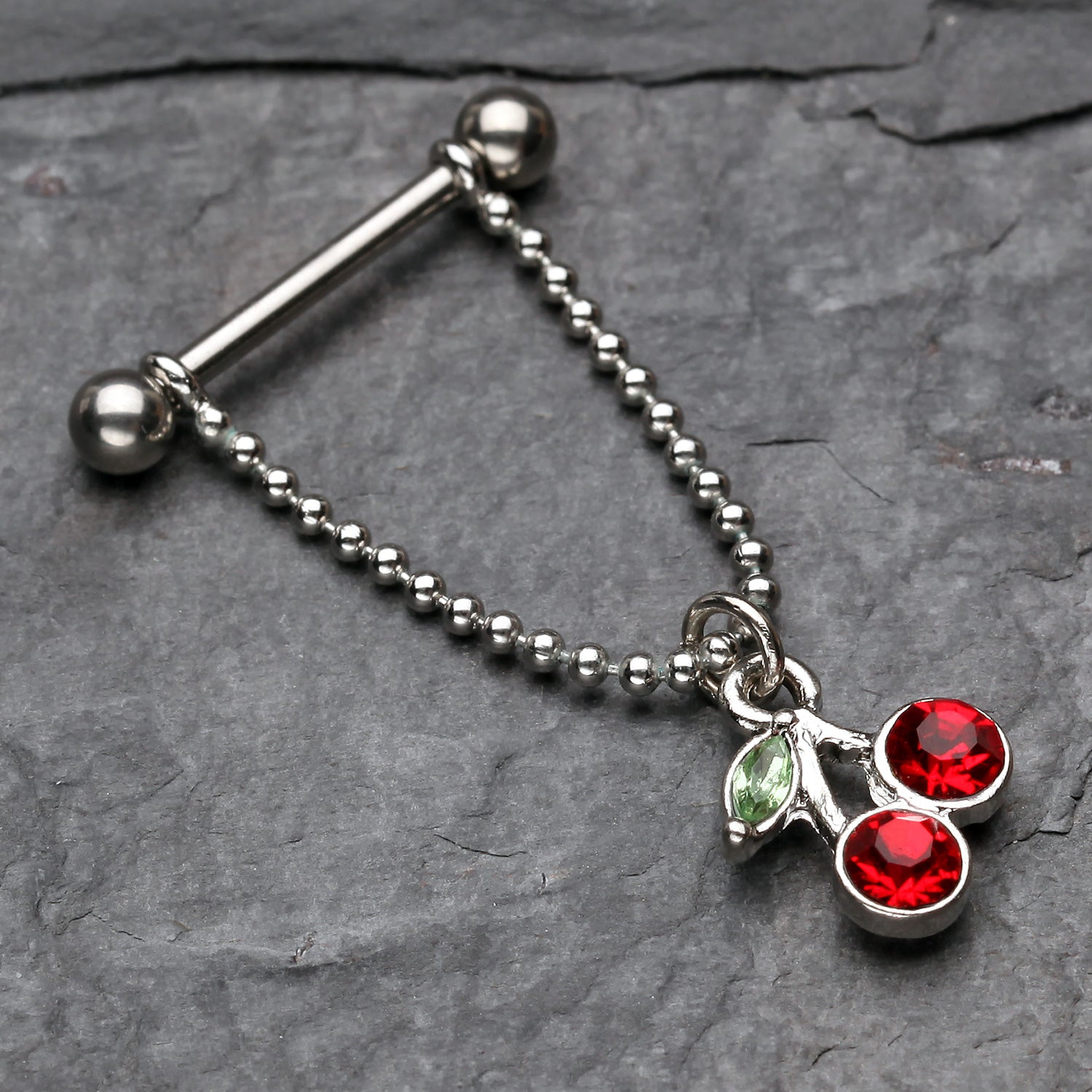 Detail View 1 of A Pair of Cherry Dangle Nipple Barbell Ring-Red