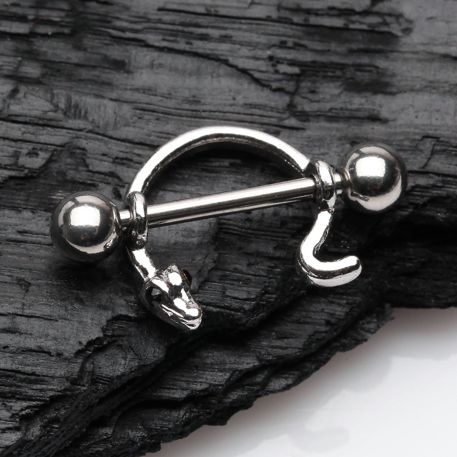 Detail View 1 of Rattle Snake Nipple Barbell Ring-Steel