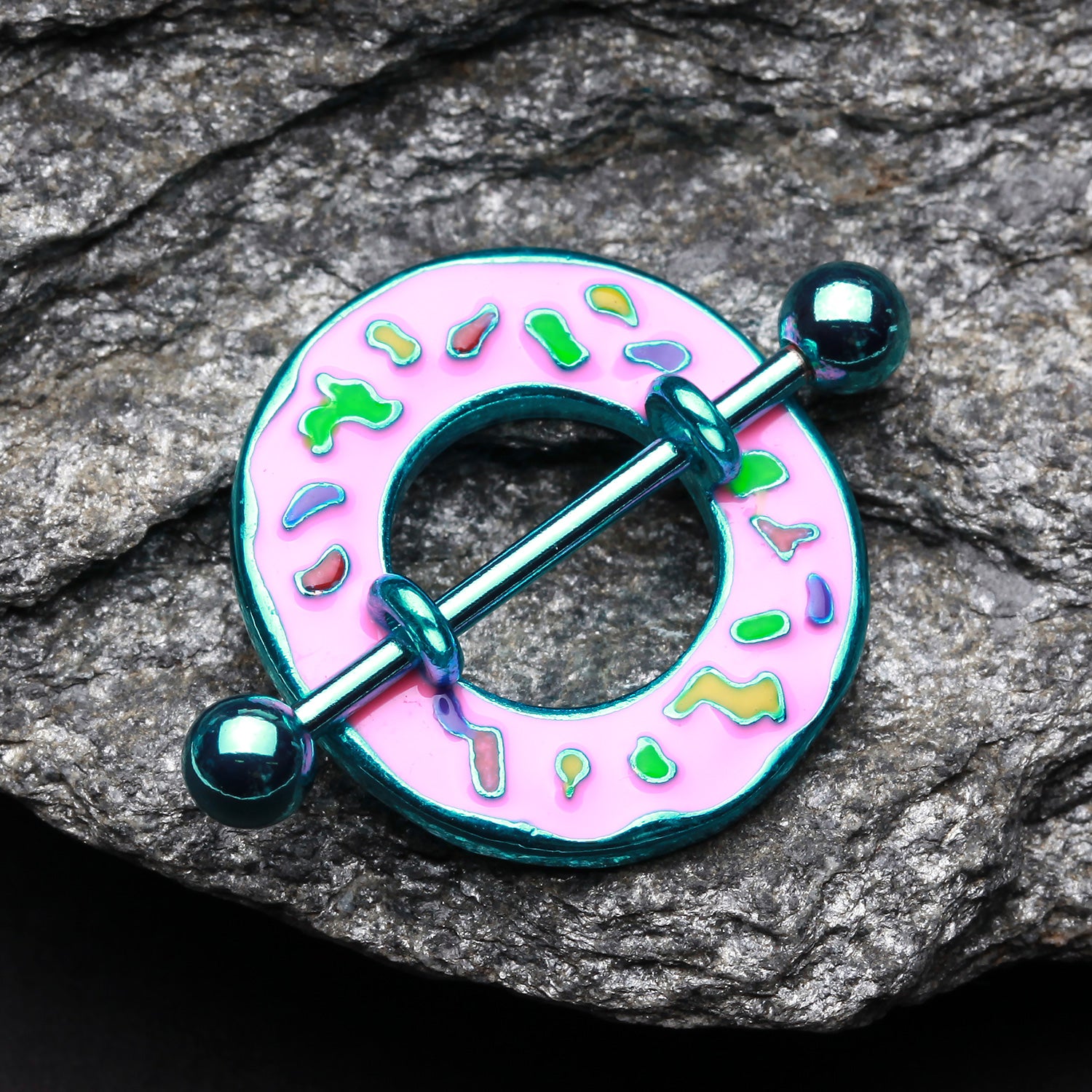 Detail View 1 of Pink Frosted Sprinkled Donut Nipple Shield Ring-Teal/Pink