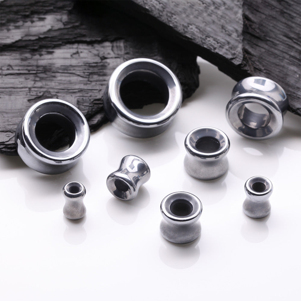 Detail View 2 of A Pair of Hematite Stone Double Flared Eyelet Tunnel Plug