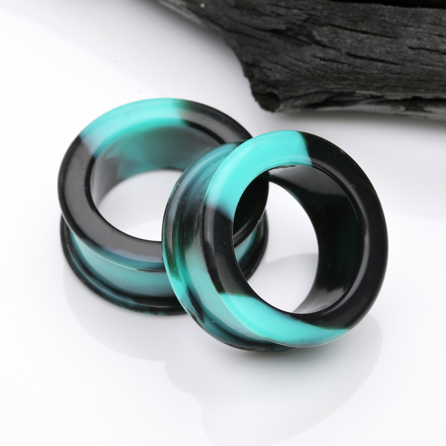 Detail View 1 of A Pair of Dark Galaxy Camo Flexible Silicone Double Flared Tunnel Plug