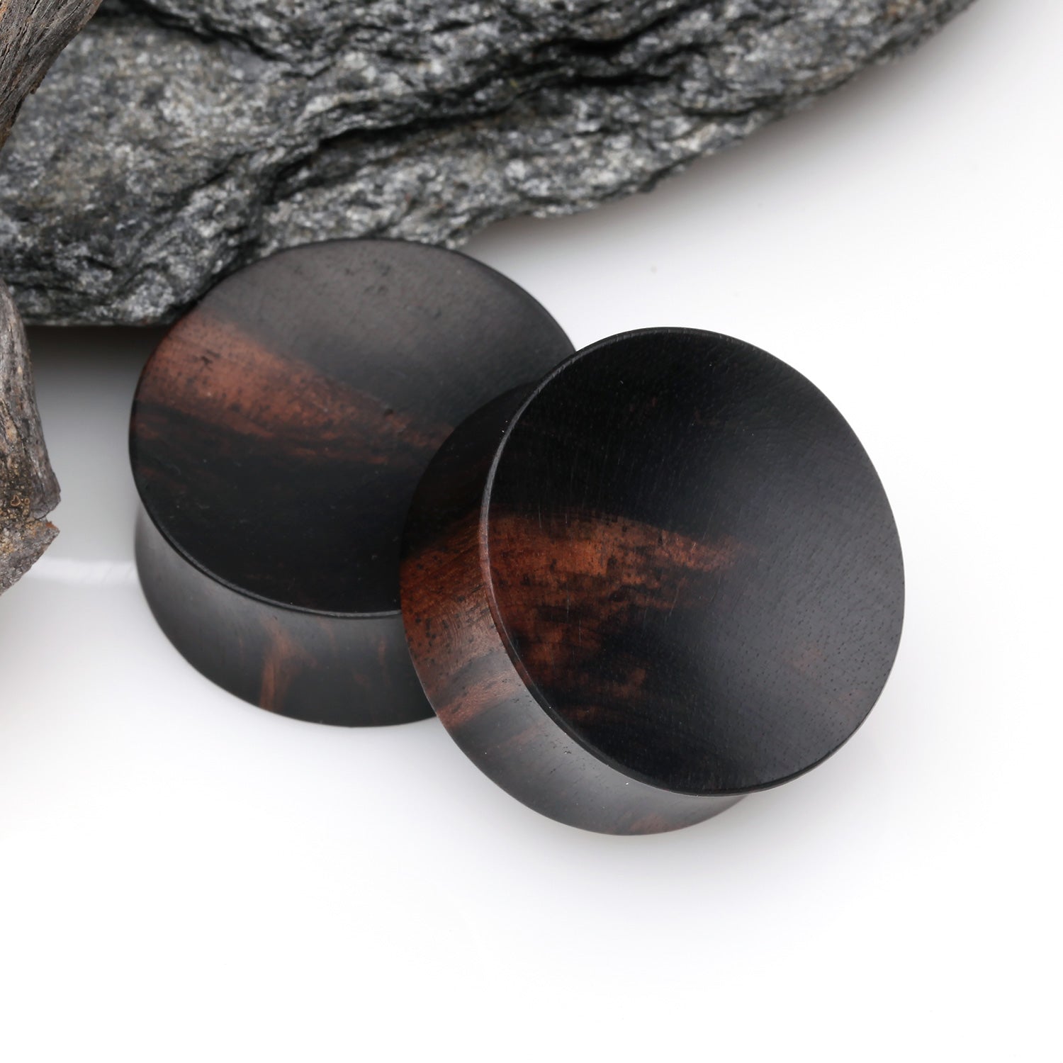 Detail View 1 of A Pair of Concave Tiger Ebony Wood Double Flared Plug