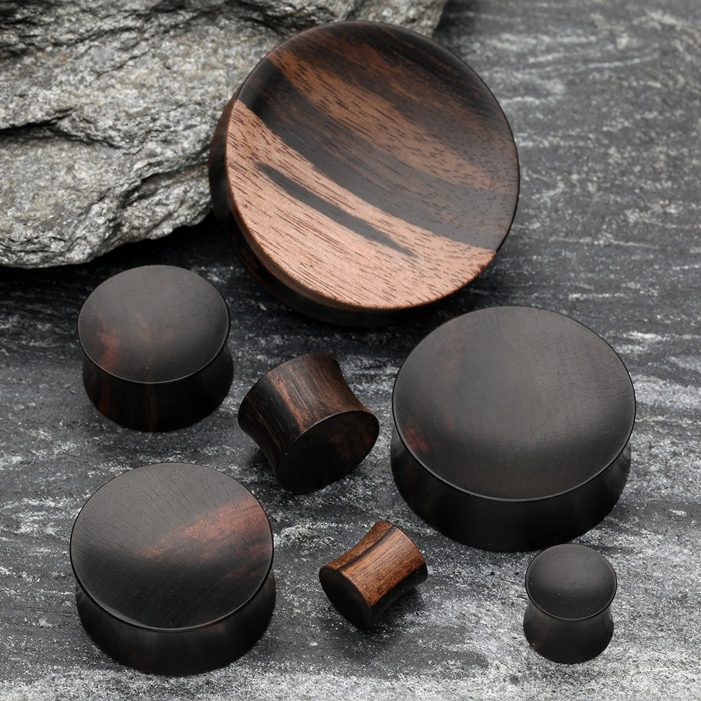 Detail View 2 of A Pair of Concave Tiger Ebony Wood Double Flared Plug