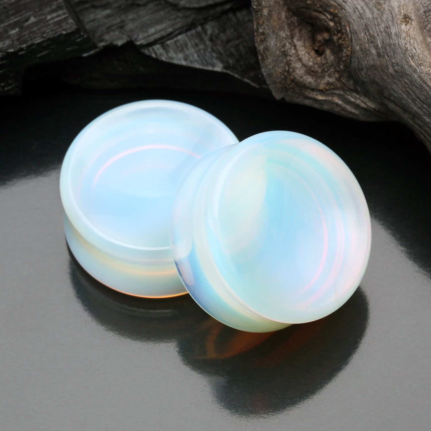 Detail View 1 of A Pair of Opalite Concave Stone Double Flared Ear Gauge Plug