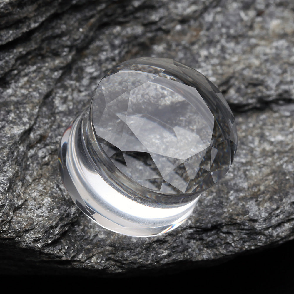 Detail View 3 of A Pair of Faceted Pyrex Glass Gem Double Flared Ear Gauge Plug -Clear Gem