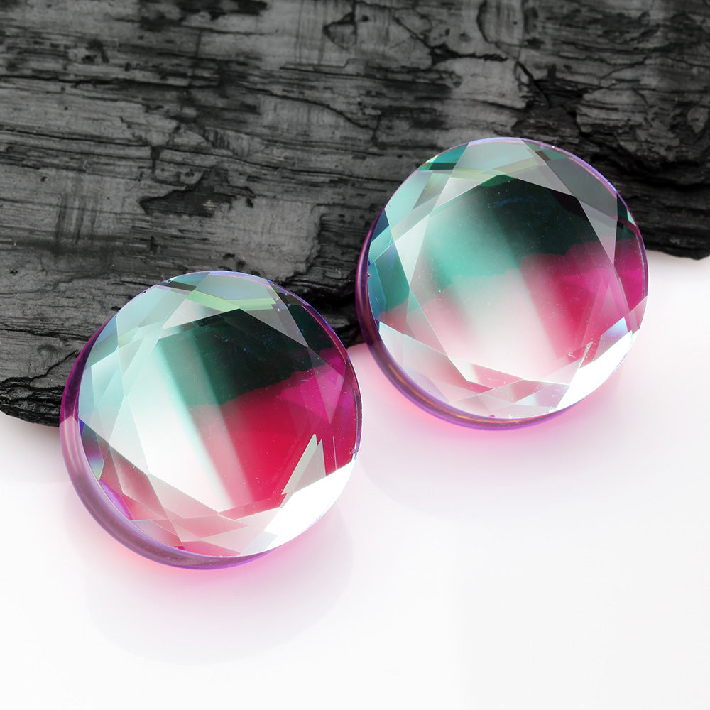 Detail View 3 of A Pair of Iridescent Multi-Faceted Glass Double Flared Plug-Purple/Aurora Borealis