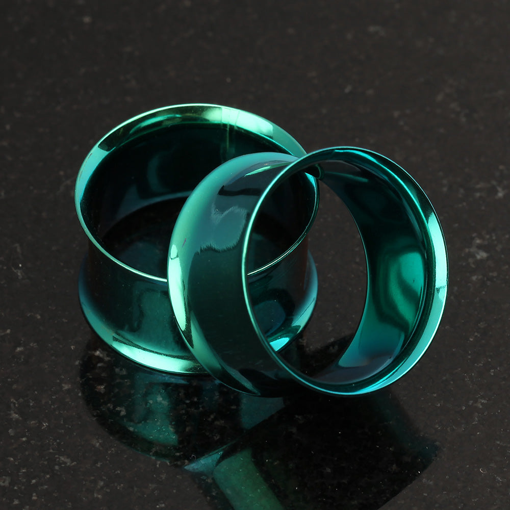 Detail View 3 of A Pair of Colorline Steel Double Flared Ear Gauge Flesh Tunnel Plug-Green