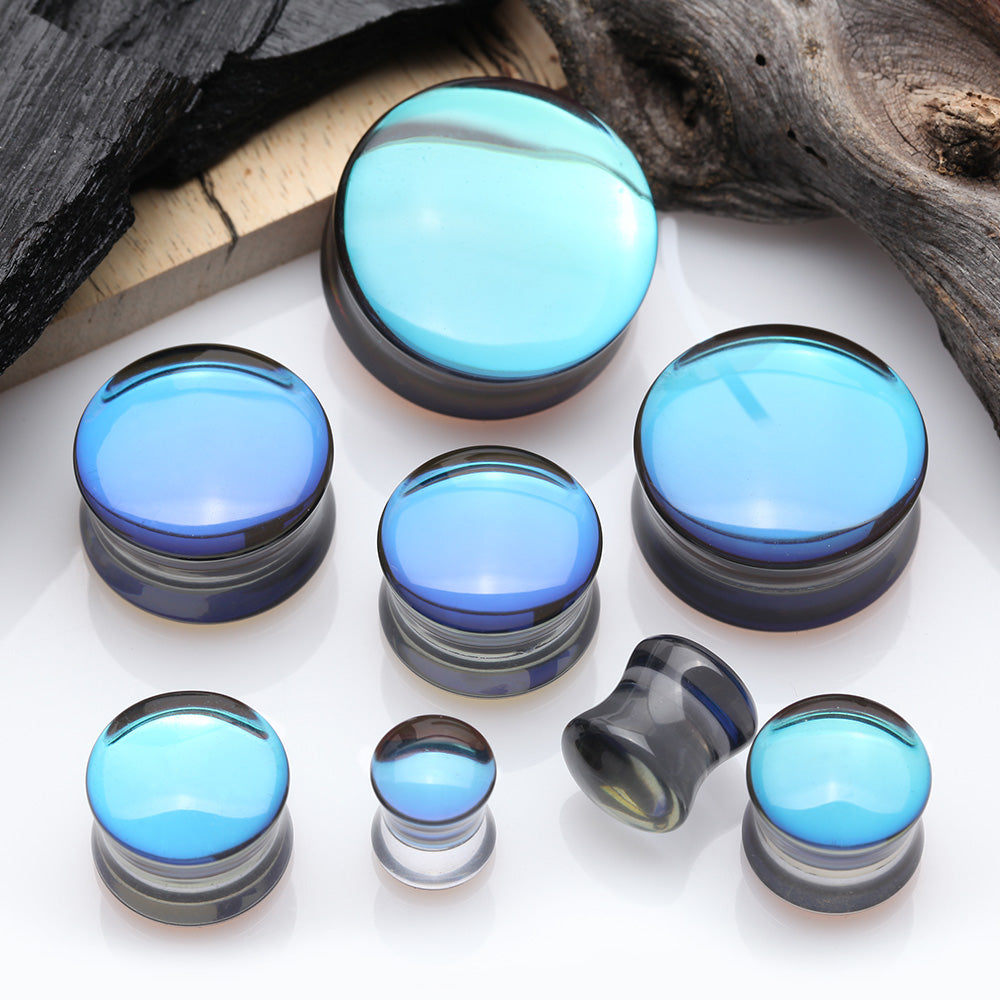 Detail View 2 of A Pair of Midnight Moon Iridescent Glass Double Flared Ear Gauge Plug