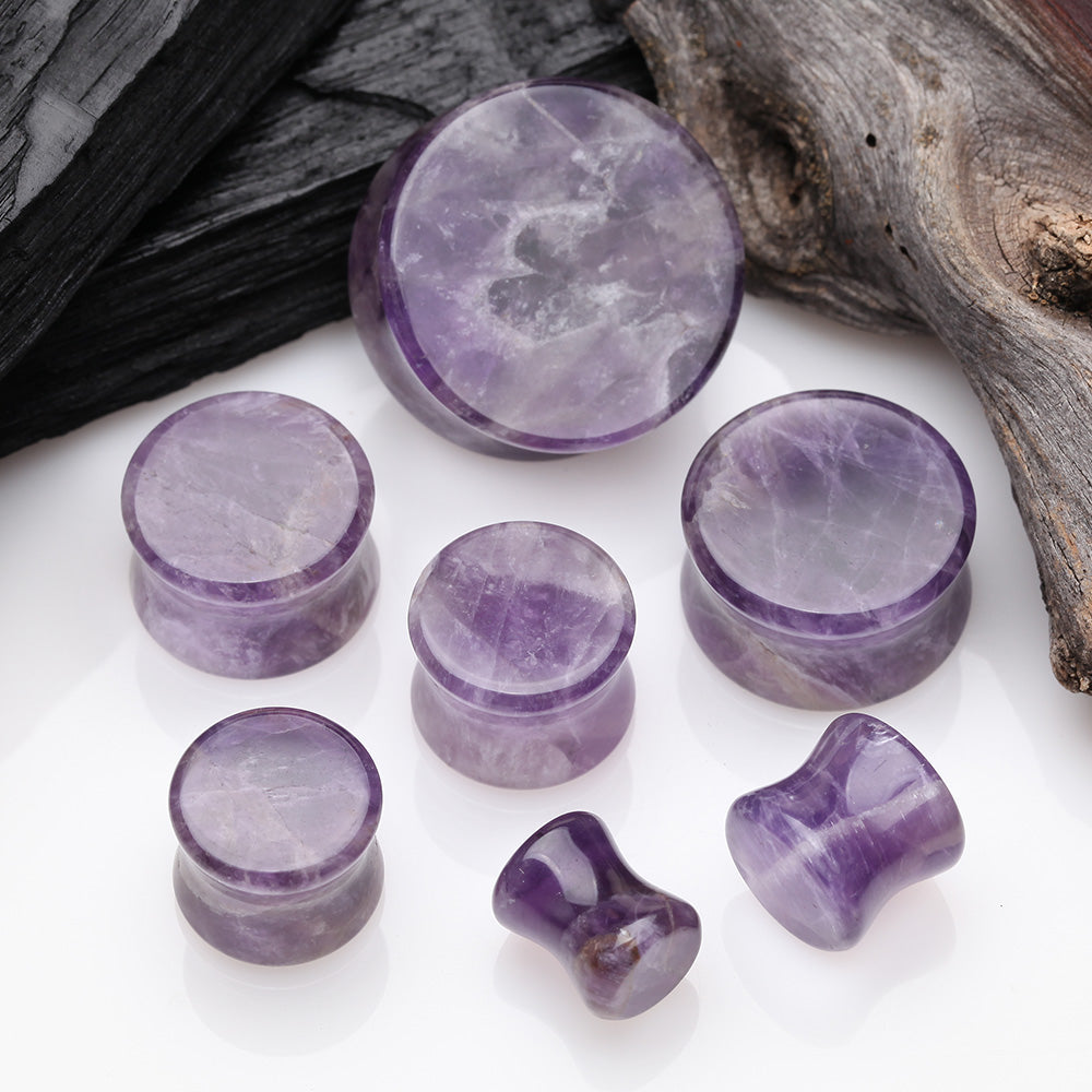Detail View 2 of A Pair of Amethyst Quartz Stone Double Flared Ear Gauge Plug-Purple