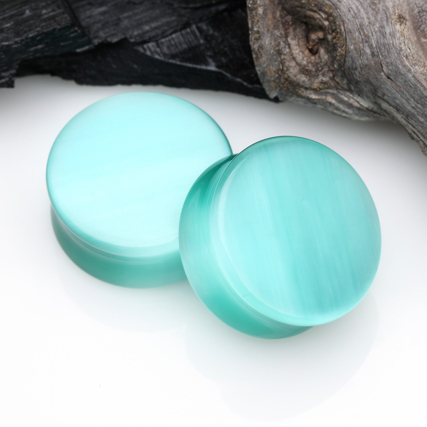 Detail View 1 of A Pair of Mint Cat-Eye Stone Double Flared Ear Gauge Plug