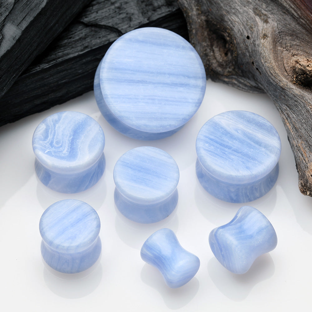 Detail View 2 of A Pair of Blue Lace Agate Stone Double Flared Ear Gauge Plug
